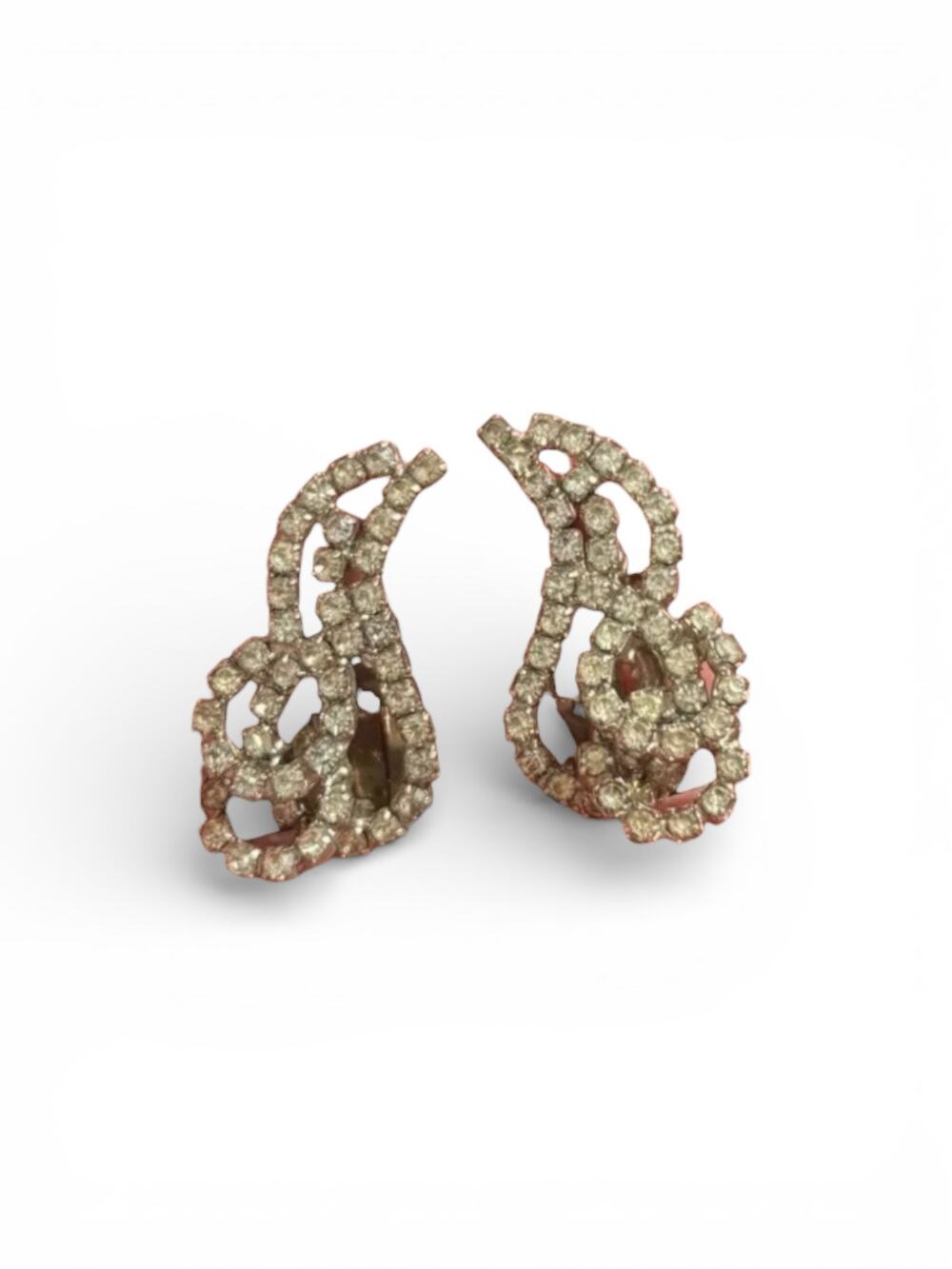 Vintage Kramer Rhinestone Clip On Earrings Silver Tone Scroll Design Signed